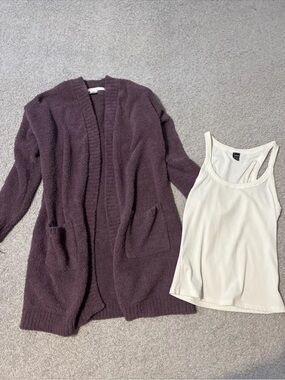 Max Studio Women’s Purple Soft Cardigan Sweater W/ White Tank Combo Size XS M